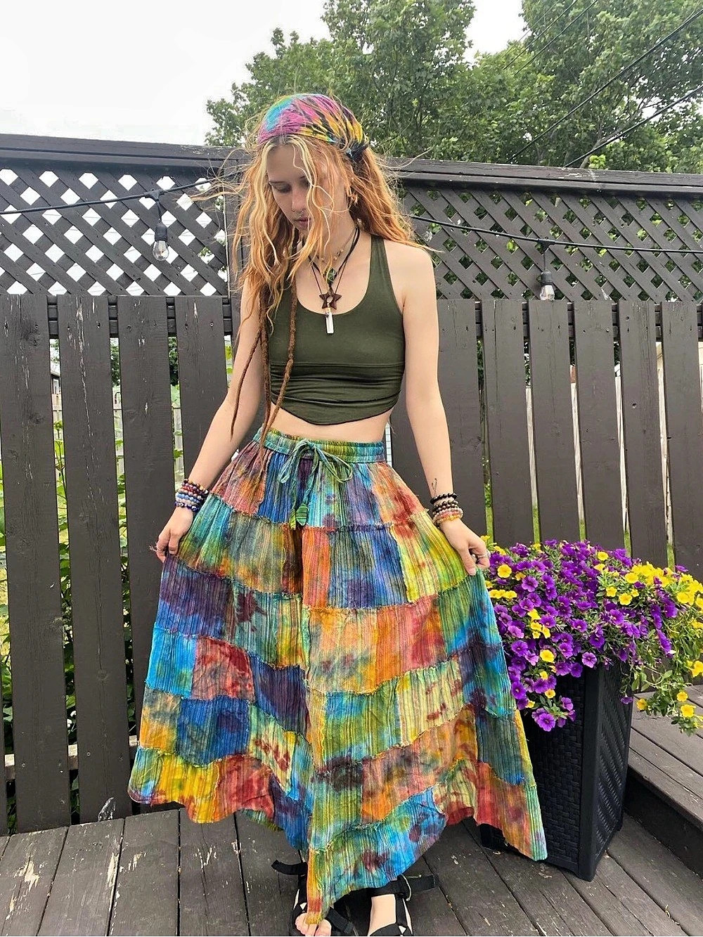 PuzzleStack Tie Dye Patchwork Cotton Midi Skirt Pockets